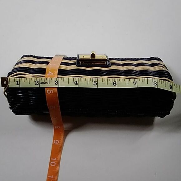 J CREW FACTORY HAVANA NAVY BLUE AND NATURAL WICKER STRAW CLUTCH EVENING BAG - Picture 4 of 16